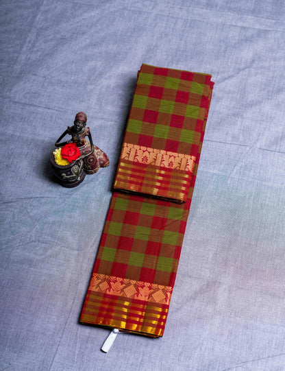 Kanjivaram Maroon And Green Checks Pure Cotton Saree Without Blouse
