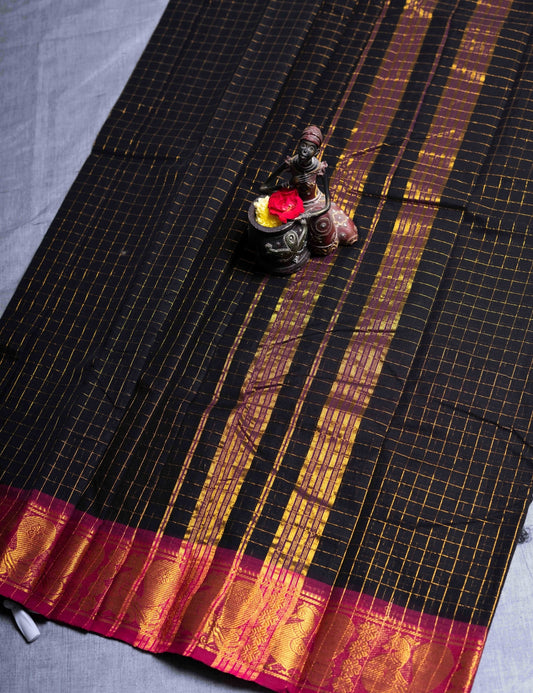 Kanjivaram Black Checks Pure Cotton Saree Without Blouse