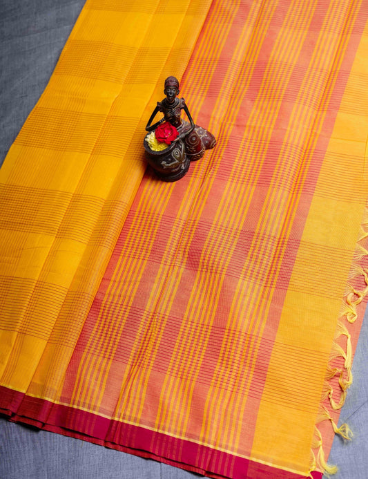 Kanjivaram Yellow Checks Pure Cotton Saree Without Blouse