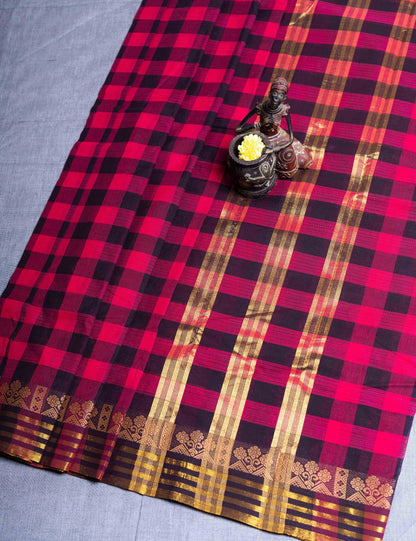 Kanjivaram Pink And Navy Blue Checks Pure Cotton Saree Without Blouse