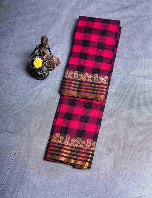 Kanjivaram Pink And Navy Blue Checks Pure Cotton Saree Without Blouse