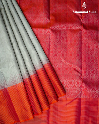 Steel Grey Silk Saree With Pinkish Orange Border