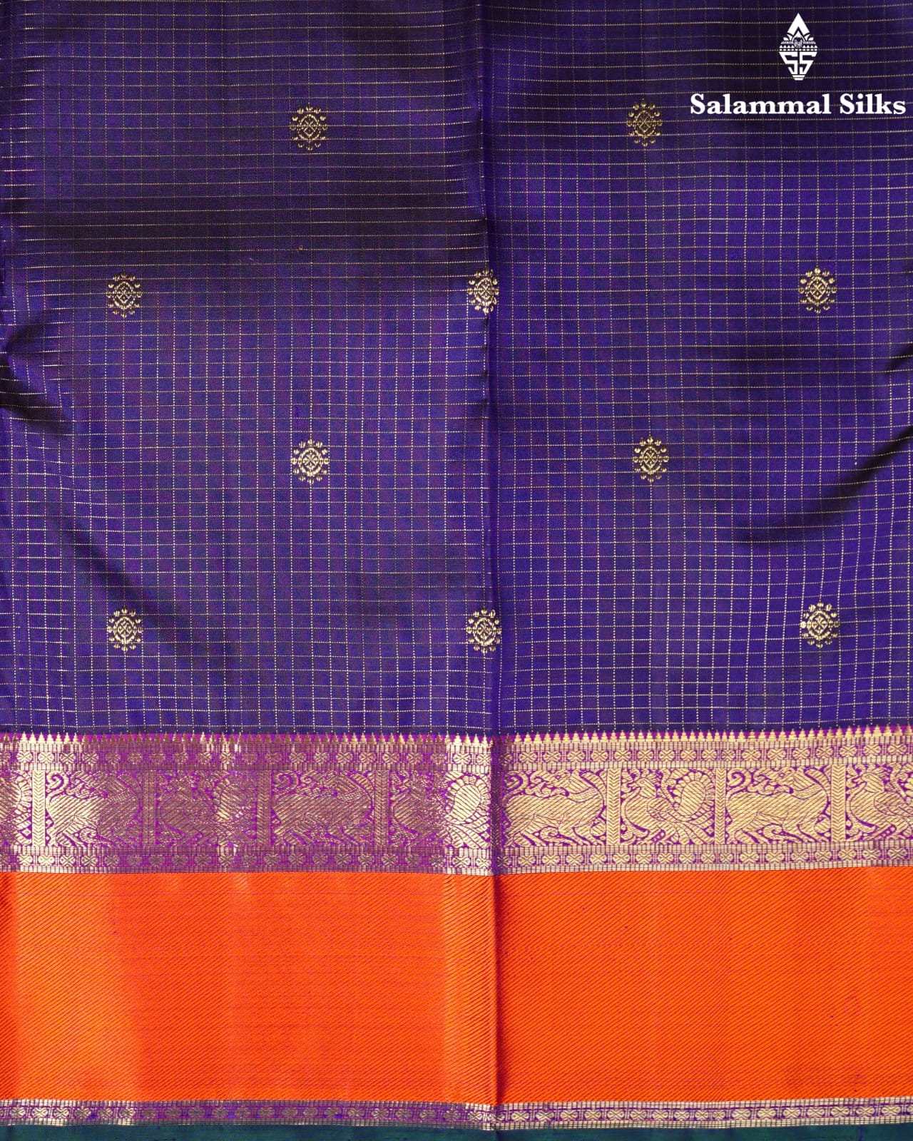 Pure Zari Purple Checks Kanjivaram Pure Silk Saree With Orange Border