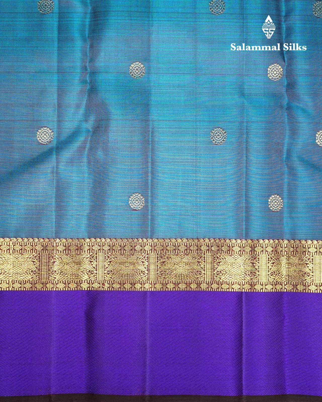 Pure Zari Peacock Blue Kanjivaram Pure Silk Saree With Violet Border