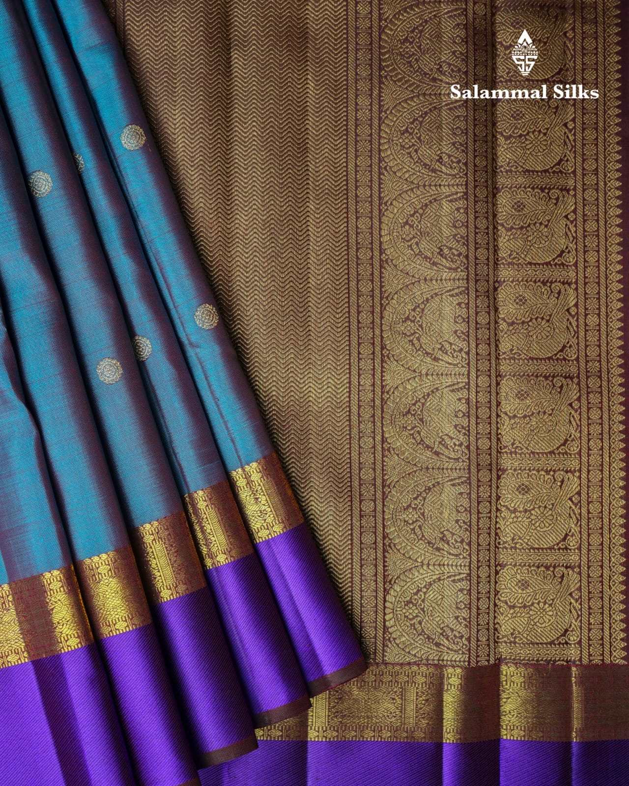 Pure Zari Peacock Blue Kanjivaram Pure Silk Saree With Violet Border