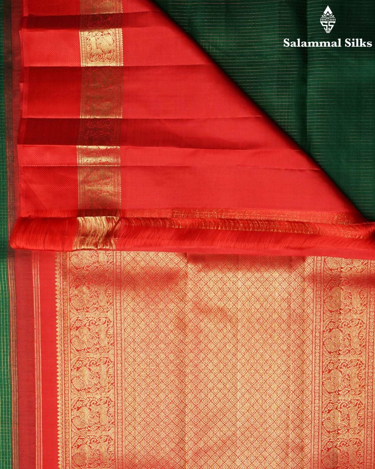 Pure Zari Bottle Green Kanjivaram Pure Silk Saree With Red Border