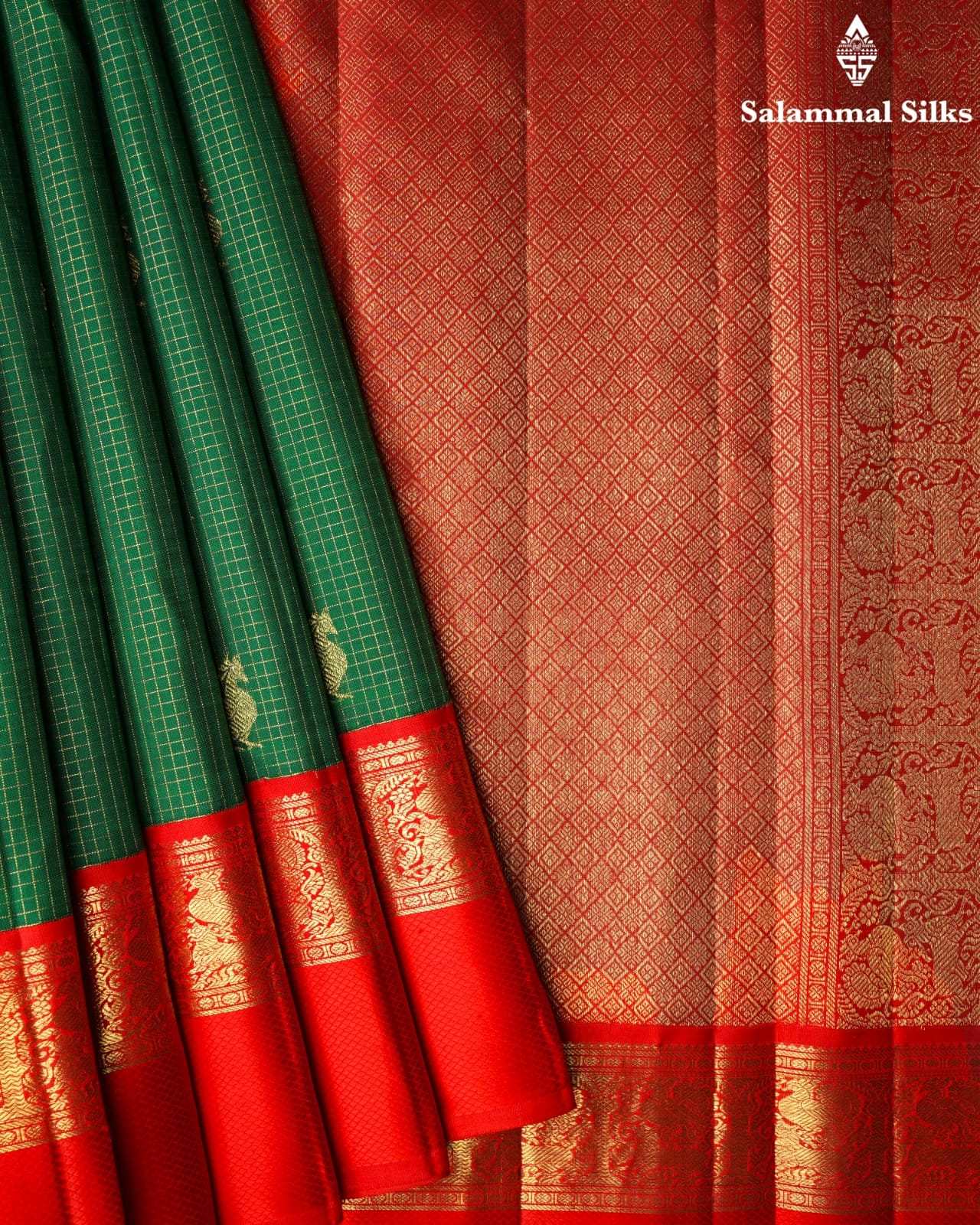 Pure Zari Bottle Green Kanjivaram Pure Silk Saree With Red Border