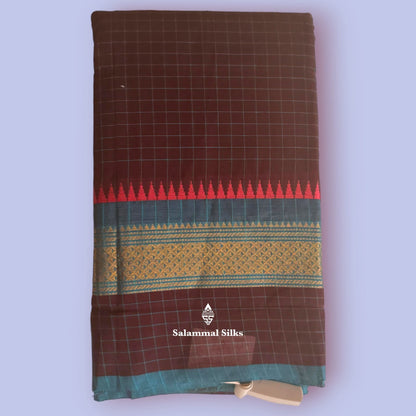 Kanjivaram Red Blue Checks Pure Cotton Saree Without Blouse