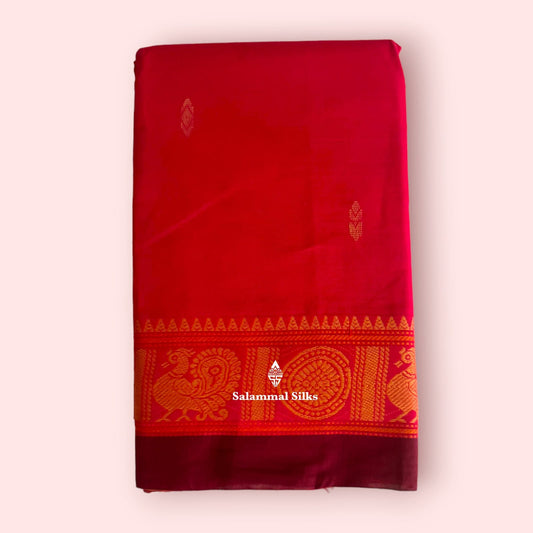 Kanjivaram Reddish Pink Pure Cotton Saree Without Blouse
