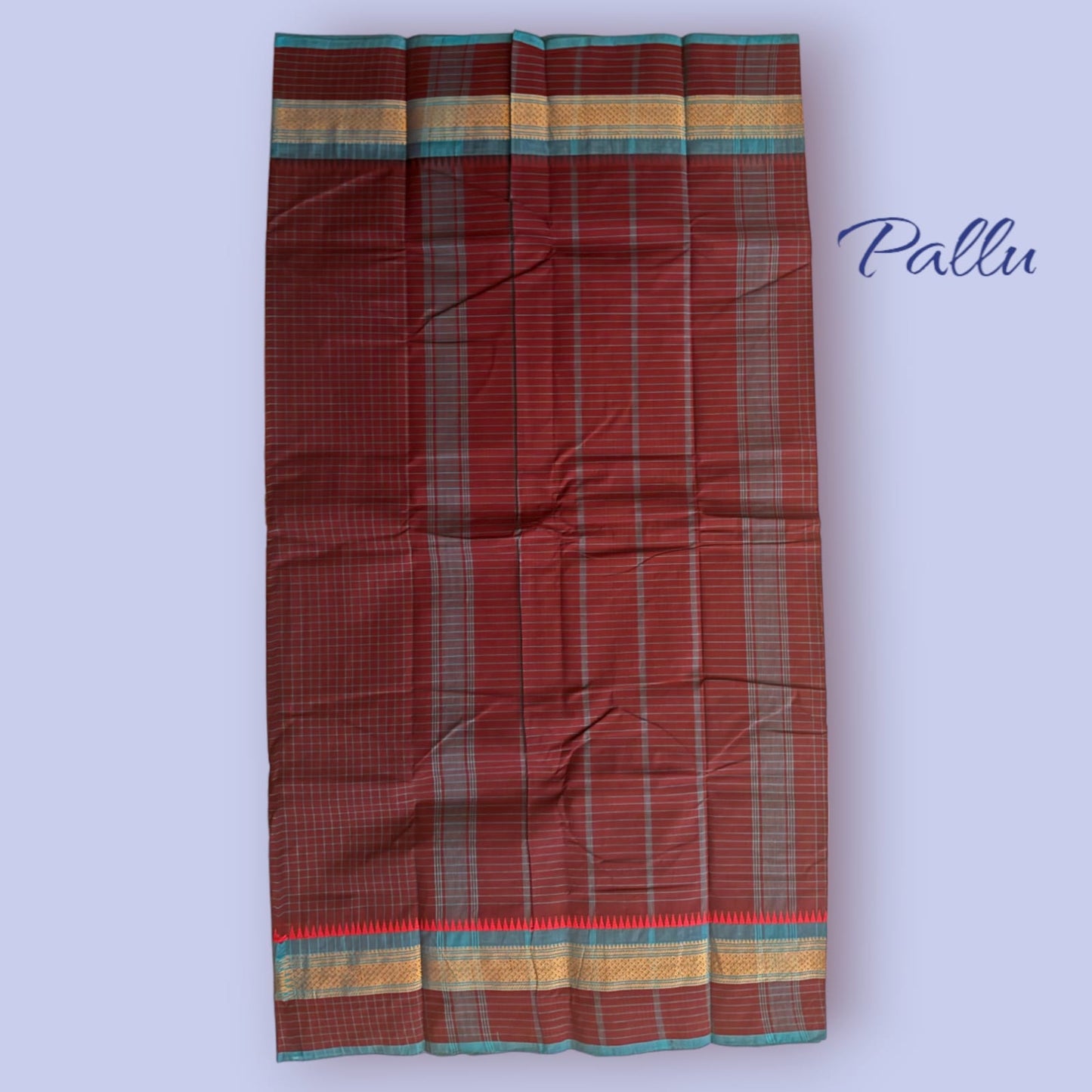 Kanjivaram Red Blue Checks Pure Cotton Saree Without Blouse