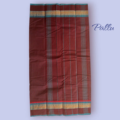 Kanjivaram Red Blue Checks Pure Cotton Saree Without Blouse