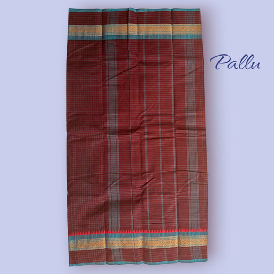 Kanjivaram Red Blue Checks Pure Cotton Saree Without Blouse