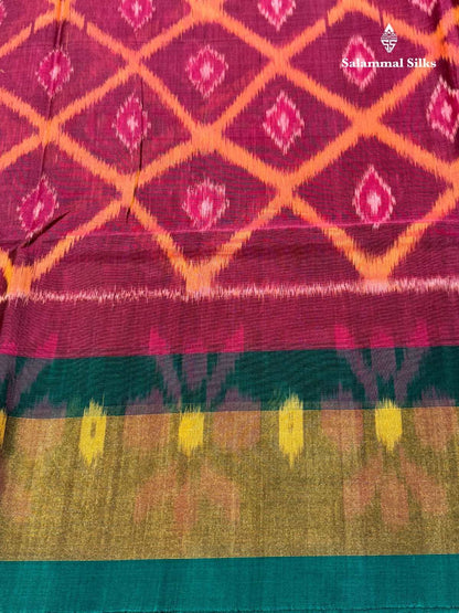Pochampalli Pinkish Orange Cotton Saree With Navy Blue Border