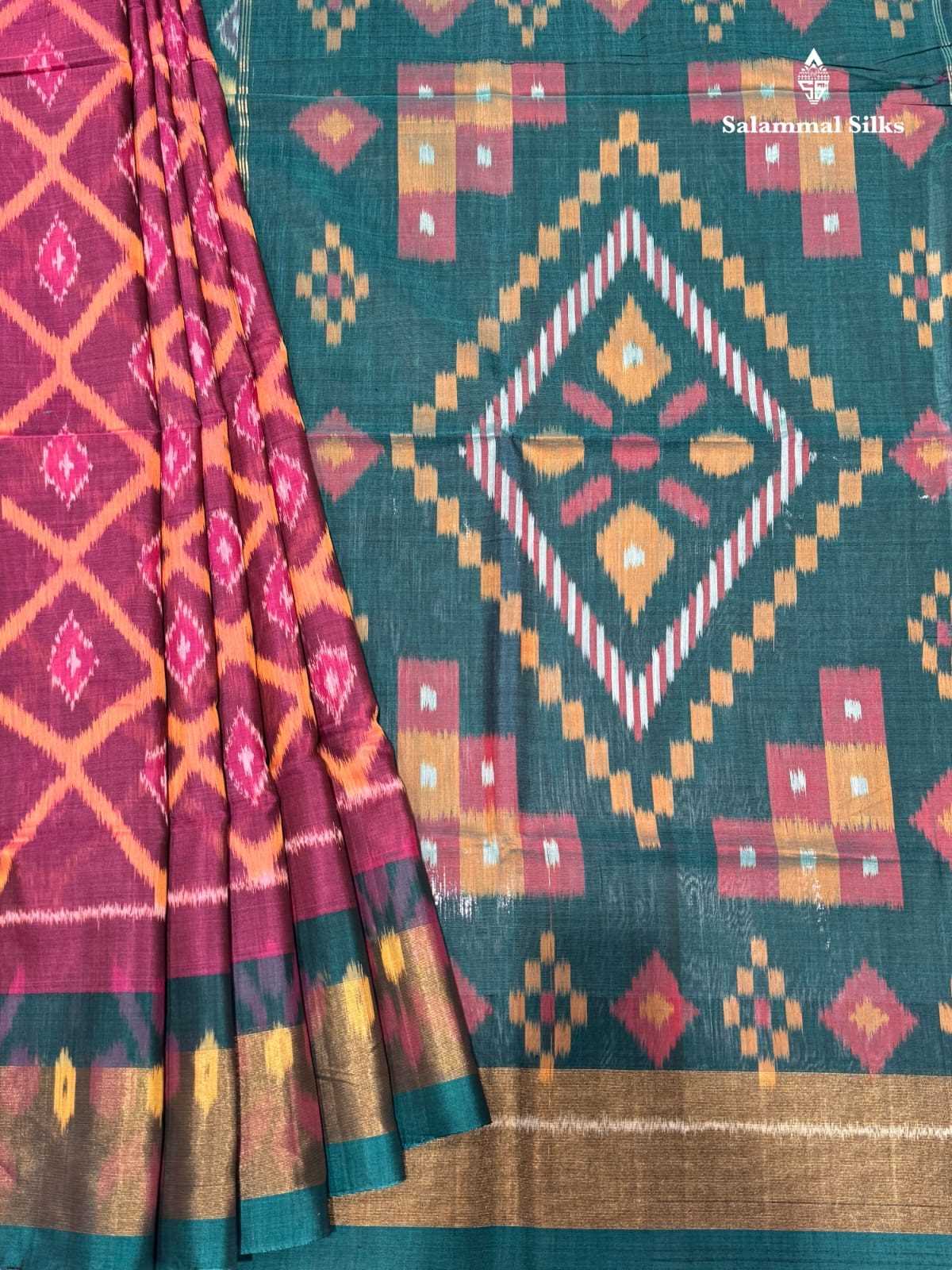 Pochampalli Pinkish Orange Cotton Saree With Navy Blue Border