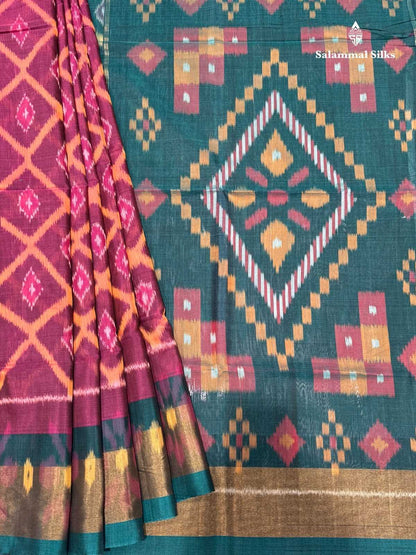 Pochampalli Pinkish Orange Cotton Saree With Navy Blue Border