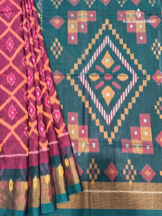 Pochampalli Pinkish Orange Cotton Saree With Navy Blue Border