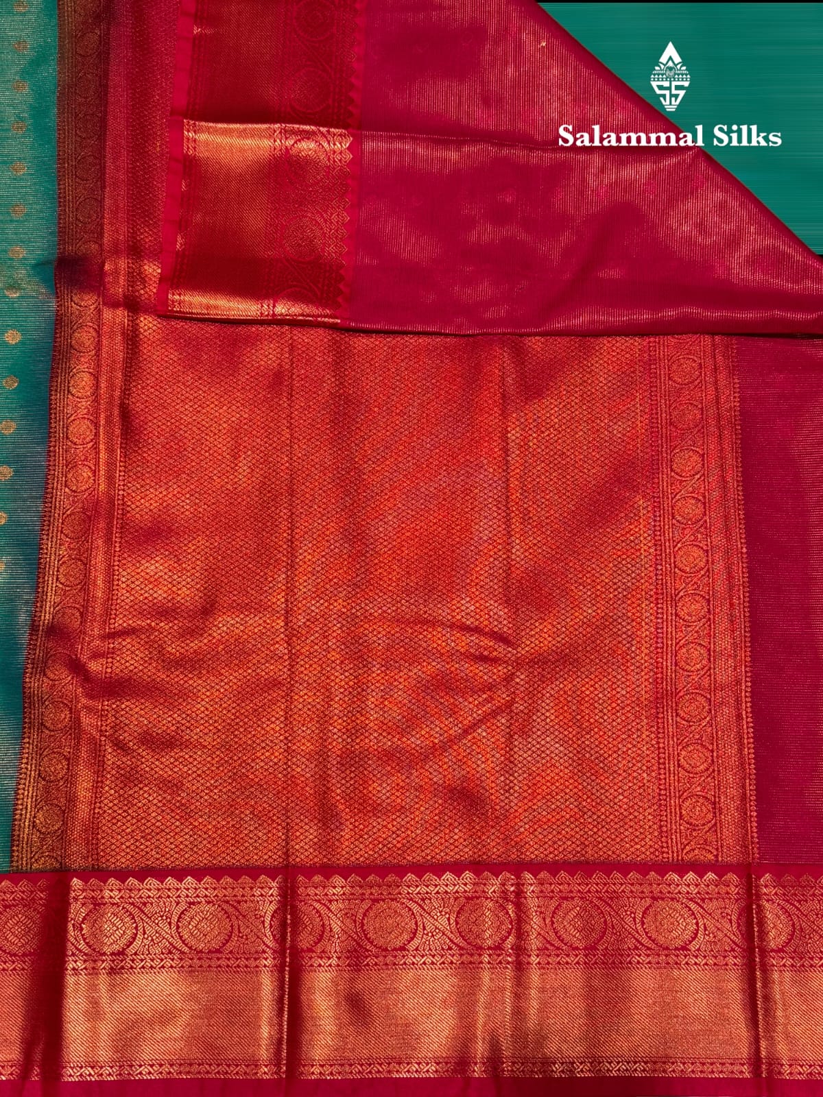 Vairaoosi Sapphire Green Semi Silk Saree With Pink Border