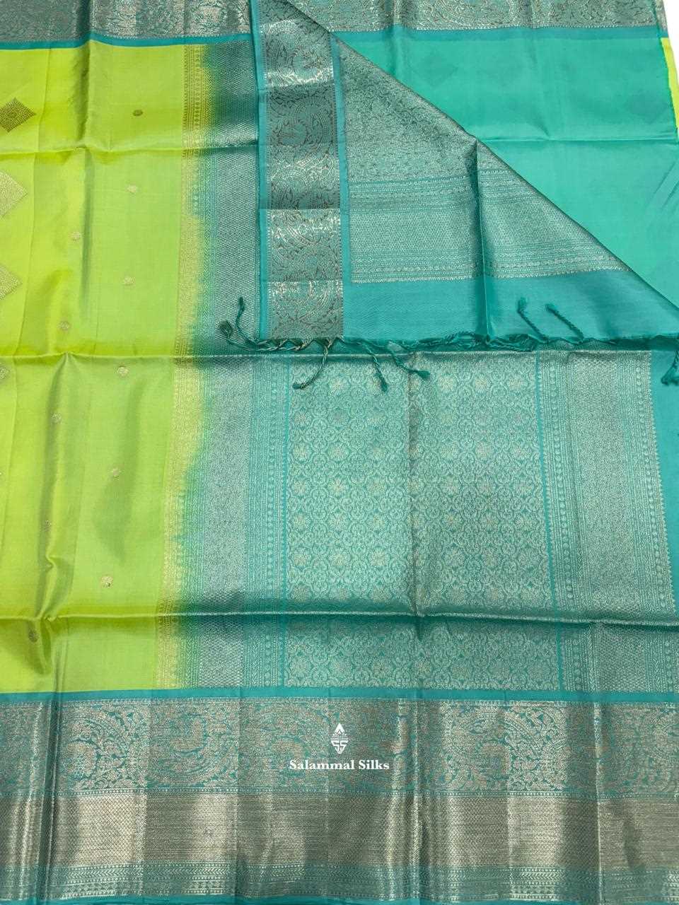 Light Parrot Green Pure Soft Silk Saree With Teal Border