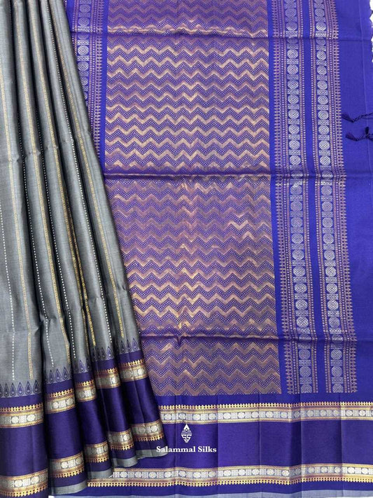 Grey Pure Soft Silk Saree With Violet Border