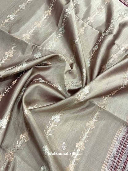 Light Grey Soft Silk Saree With Maroon Border
