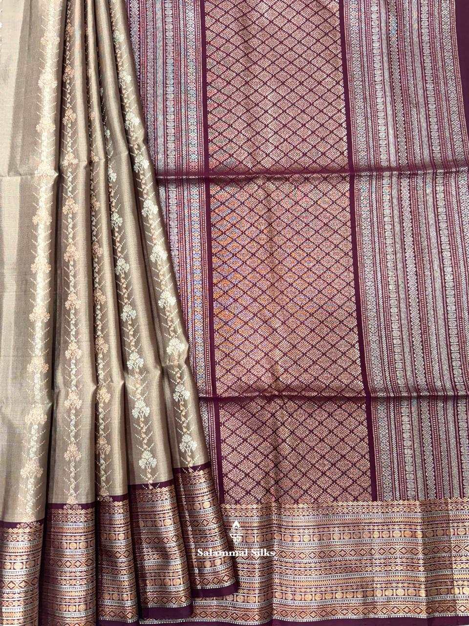 Light Grey Soft Silk Saree With Maroon Border