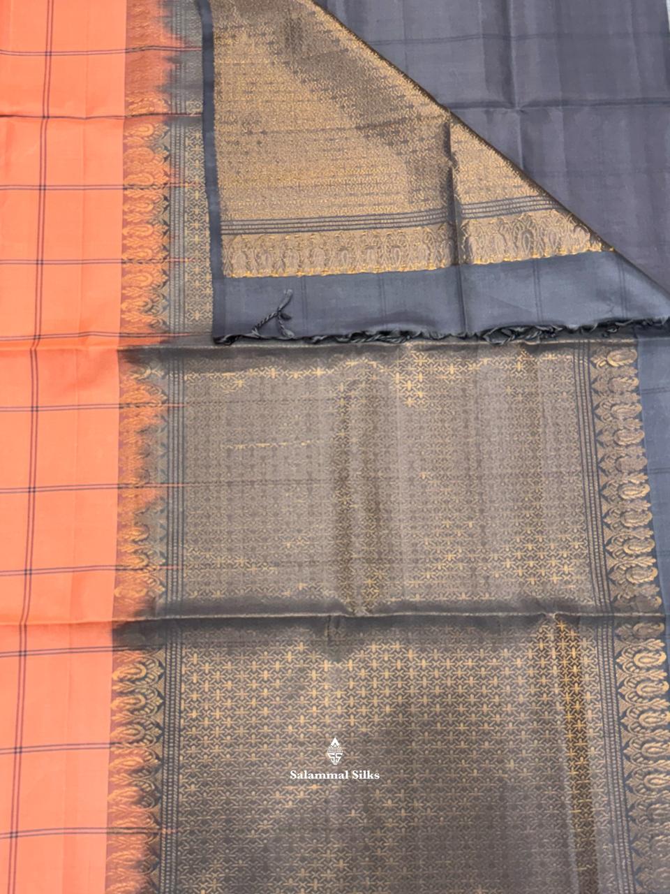 Peach Soft Silk Saree With Grey Blouse