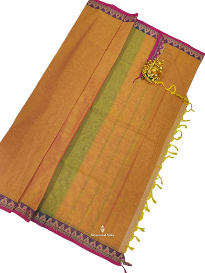 Kanjivaram Orange Pure Cotton Saree With Purple Border