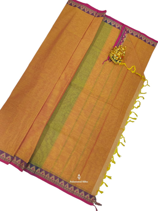 Kanjivaram Orange Pure Cotton Saree With Purple Border