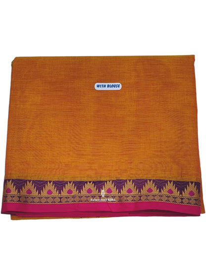 Kanjivaram Orange Pure Cotton Saree With Purple Border