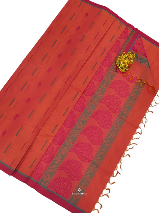 Kanjivaram Pinkish Orange Pure Cotton Saree With Pink Border