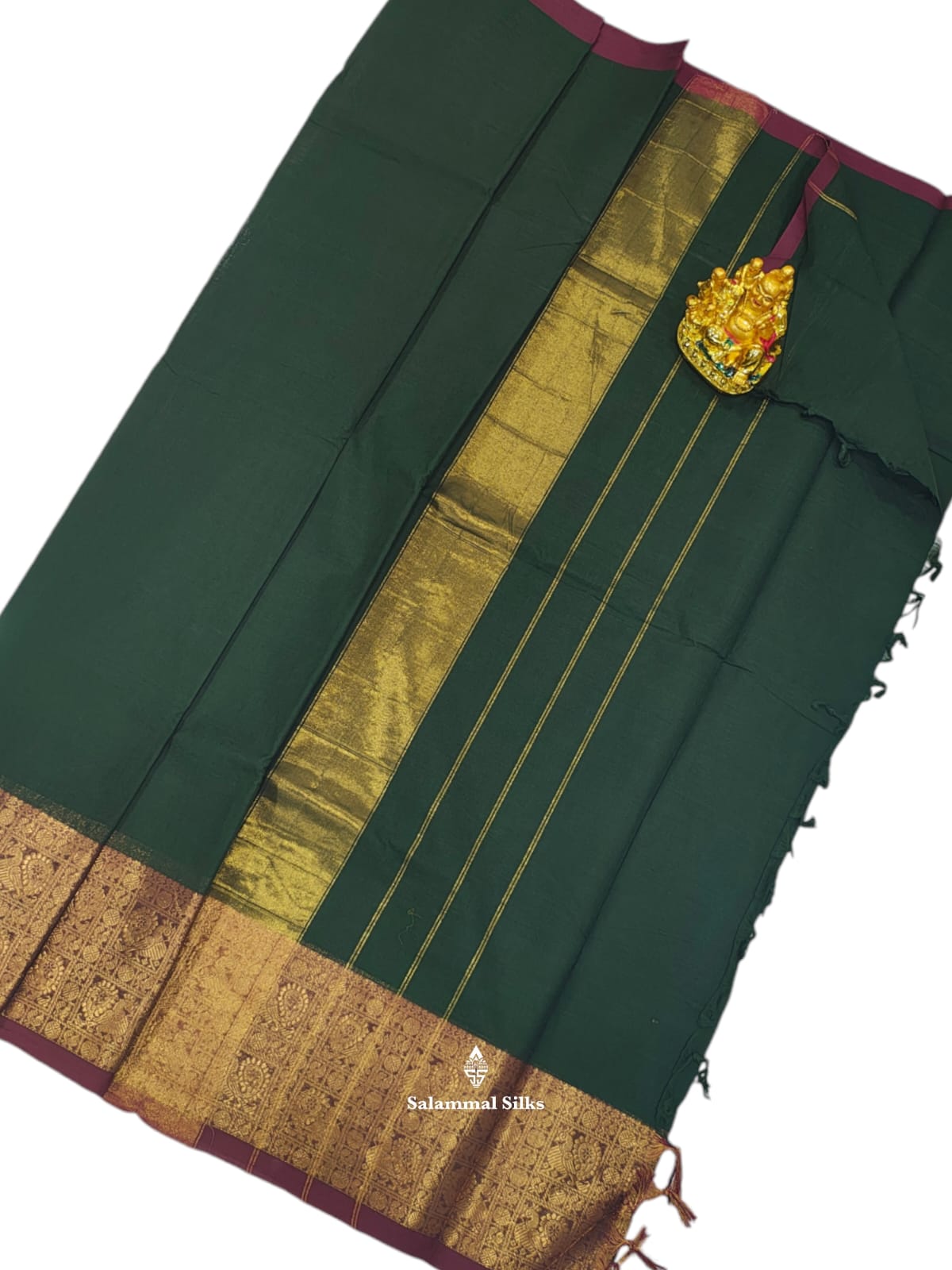Kanjivaram Bottle Green Pure Cotton Saree With Maroon Border