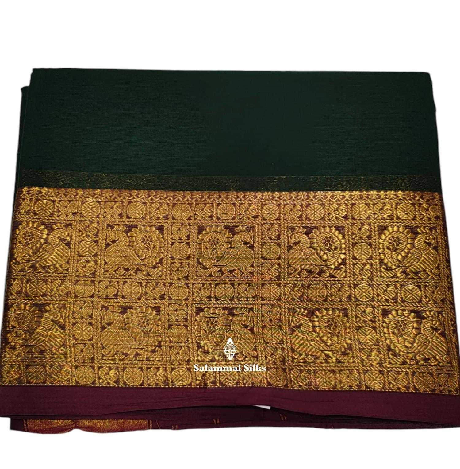 Kanjivaram Bottle Green Pure Cotton Saree With Maroon Border