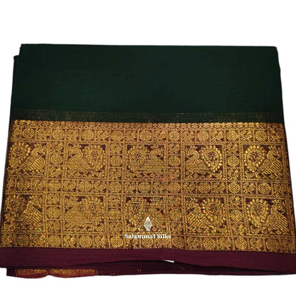 Kanjivaram Bottle Green Pure Cotton Saree With Maroon Border