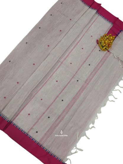 Kanjivaram Half White Pure Cotton Saree With Pink Border