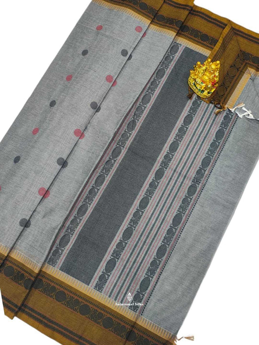 Kanjivaram Grey Pure Cotton Saree With Ochre Brown Border