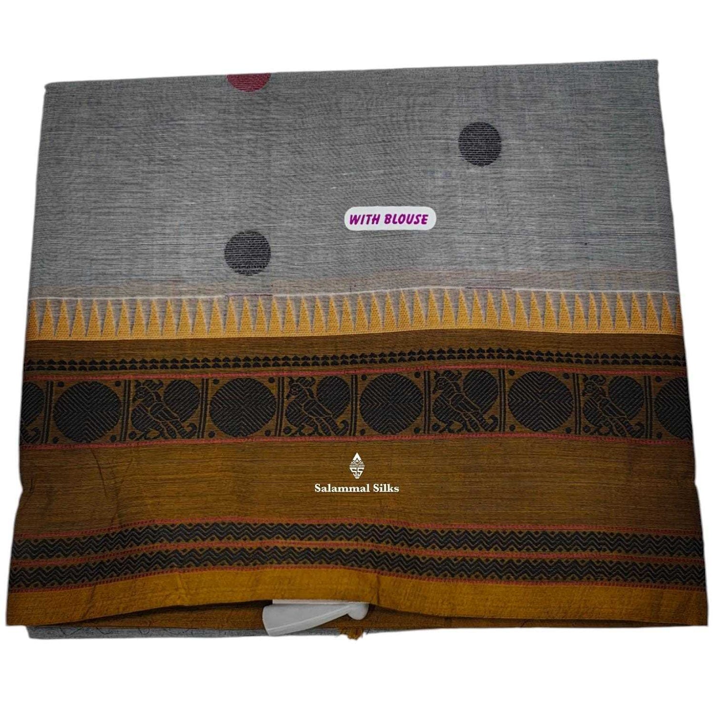 Kanjivaram Grey Pure Cotton Saree With Ochre Brown Border
