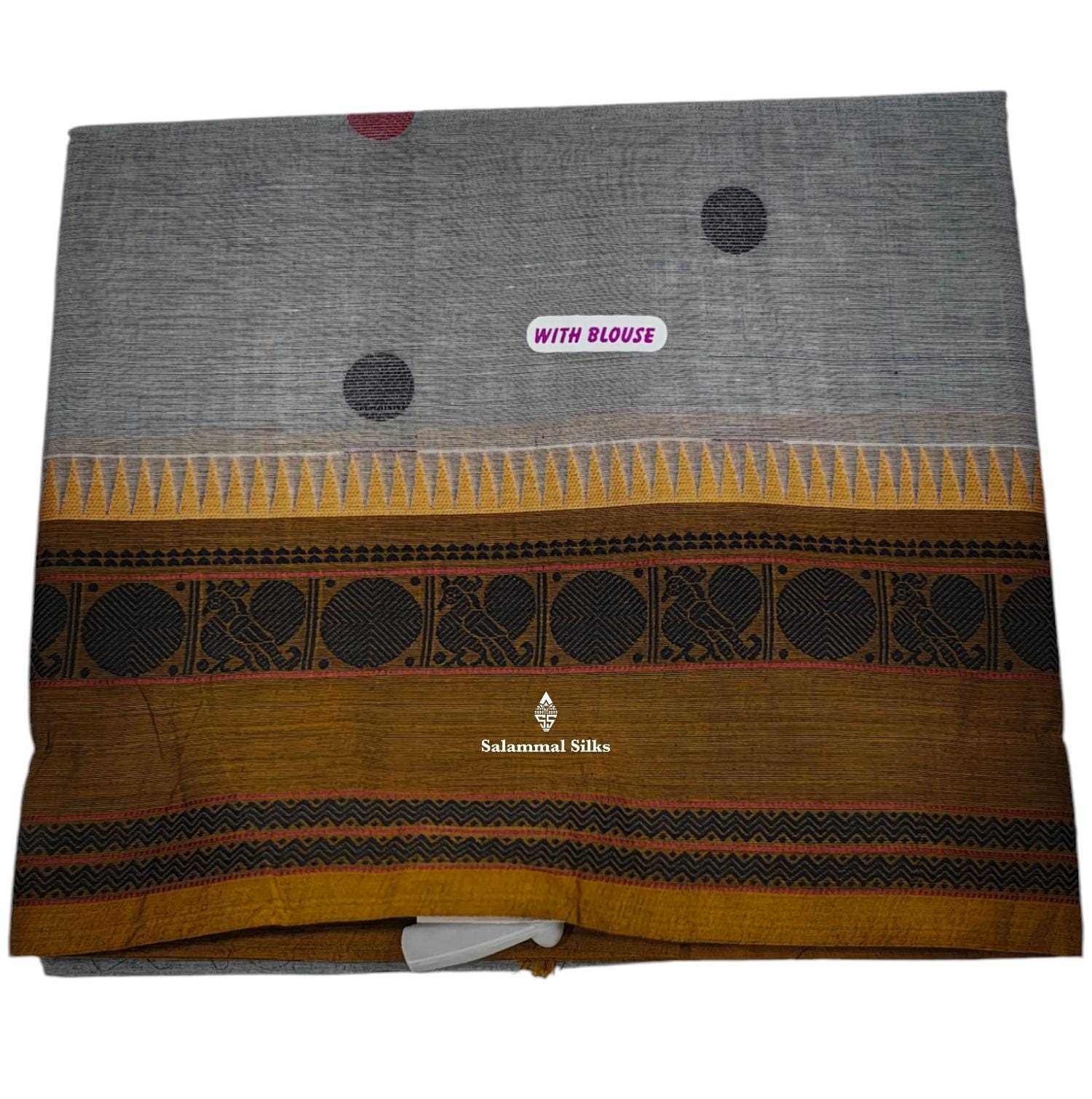 Kanjivaram Grey Pure Cotton Saree With Ochre Brown Border