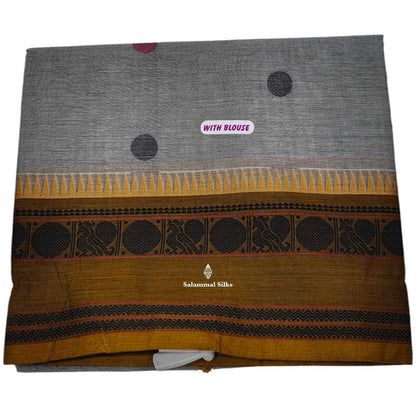 Kanjivaram Grey Pure Cotton Saree With Ochre Brown Border