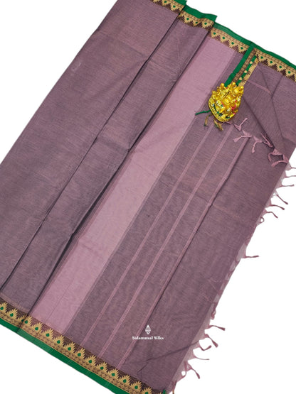 Kanjivaram Pastal Violet Pure Cotton Saree With  Brown Border