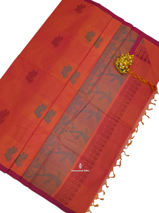 Kanjivaram Fanta Orange Pure Cotton Saree With Pink Border