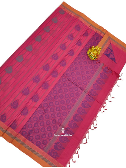 Kanjivaram Reddish Pink Pure Cotton Saree With Mango Yellow Border