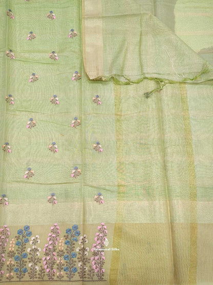 Light Parrot Green Fancy Saree With Thread Work Border