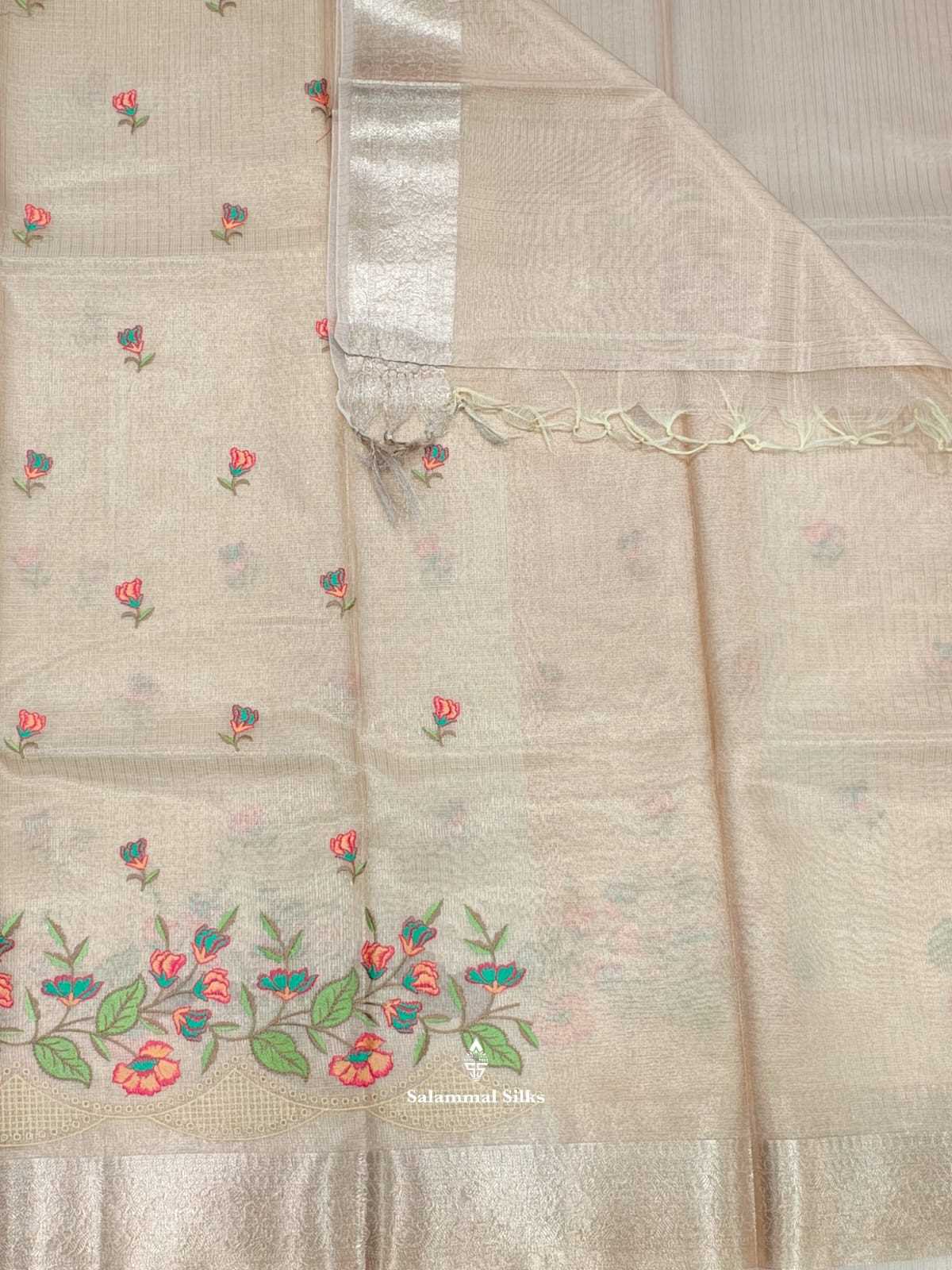Half White Fancy Saree Threaad Work Buttas With Silver Zari Border