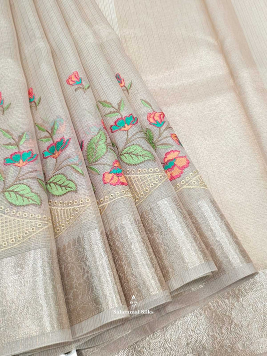 Half White Fancy Saree Threaad Work Buttas With Silver Zari Border