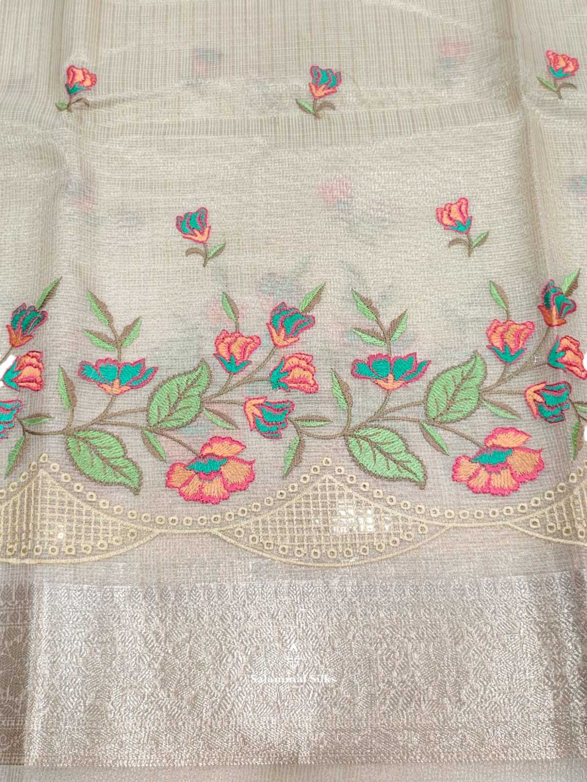 Half White Fancy Saree Threaad Work Buttas With Silver Zari Border