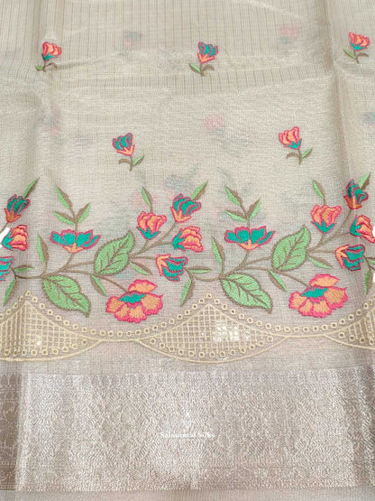 Half White Fancy Saree Threaad Work Buttas With Silver Zari Border