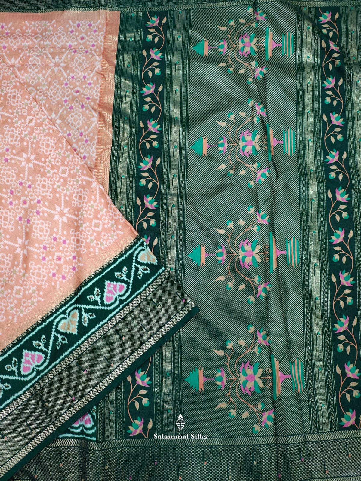Light Peach Ikkat Dola Fancy Saree With Bottle Green Border