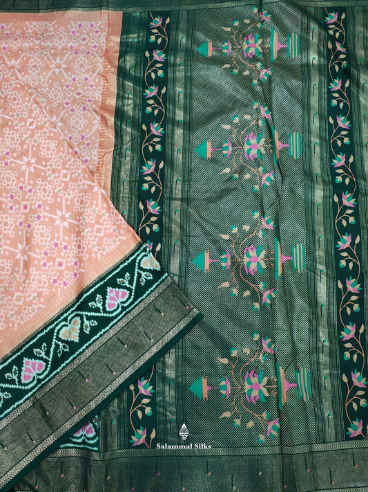 Light Peach Ikkat Dola Fancy Saree With Bottle Green Border