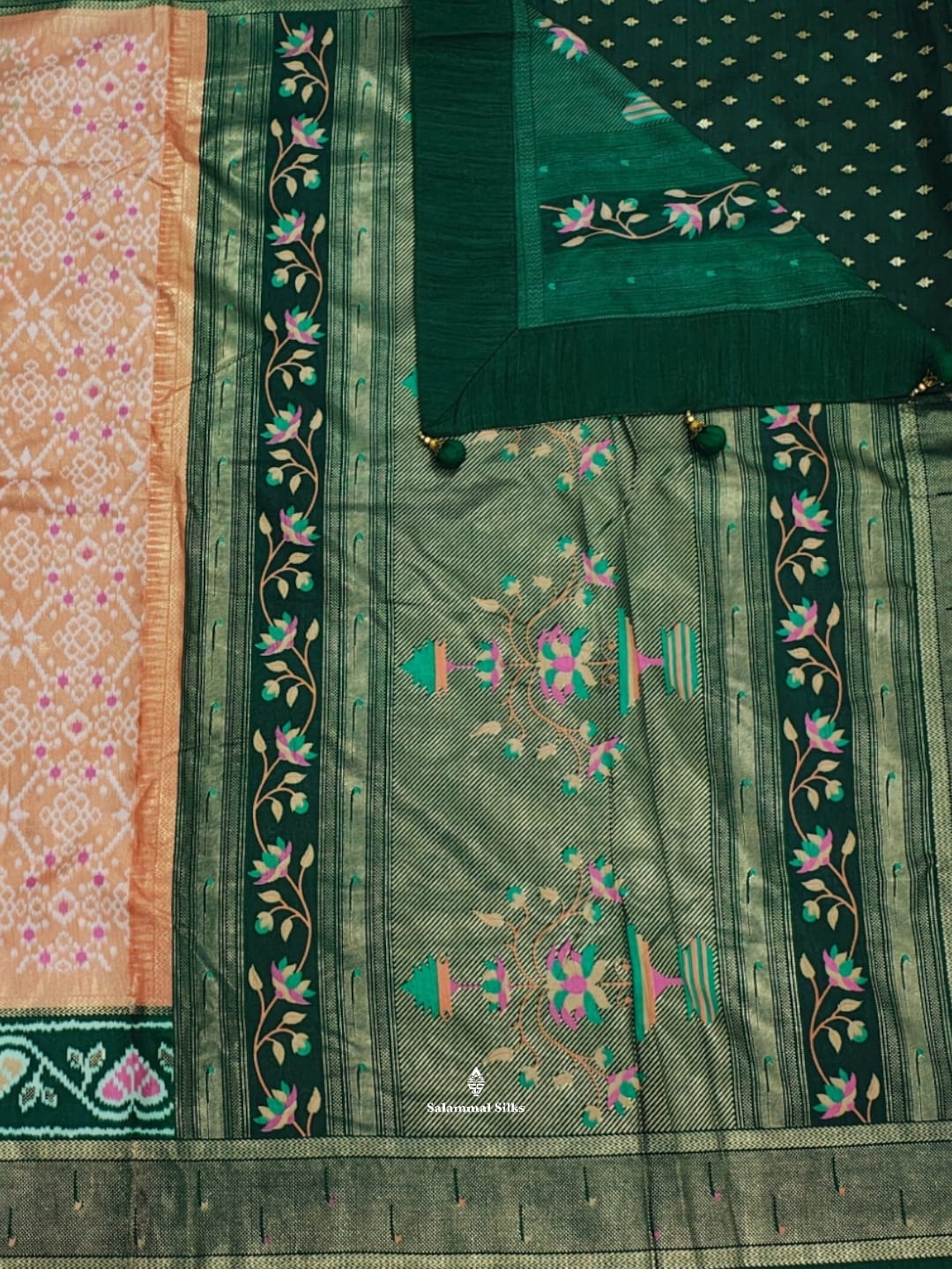 Light Peach Ikkat Dola Fancy Saree With Bottle Green Border