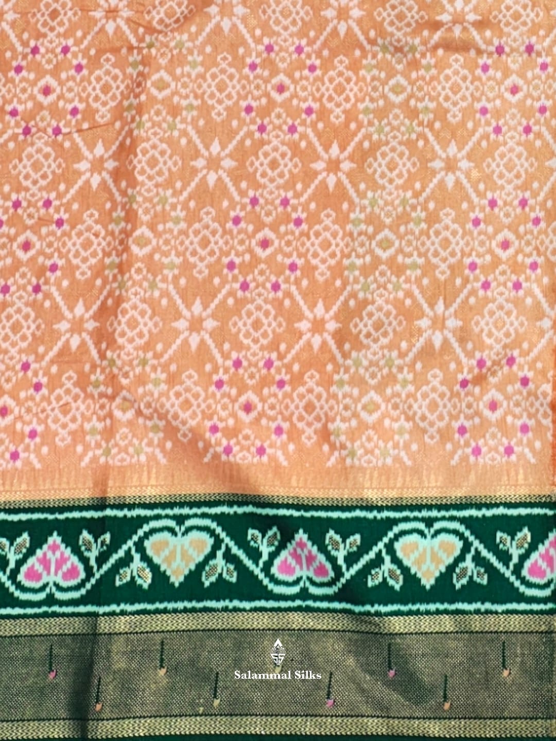 Light Peach Ikkat Dola Fancy Saree With Bottle Green Border